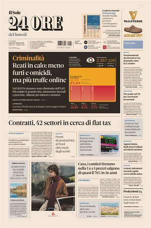 Prima pagina Il Sole 24 Ore di oggi - Quotidiano finanza