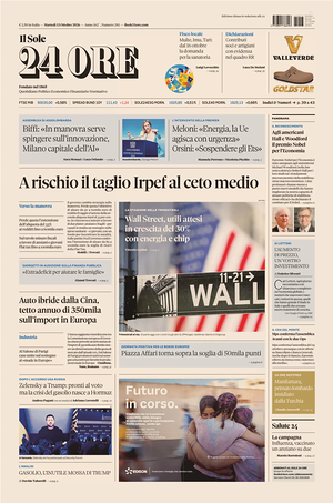 Prima pagina Il Sole 24 Ore di oggi - Quotidiano finanza