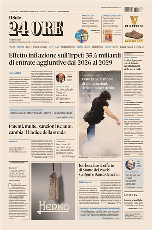 Prima pagina Il Sole 24 Ore di oggi - Quotidiano finanza