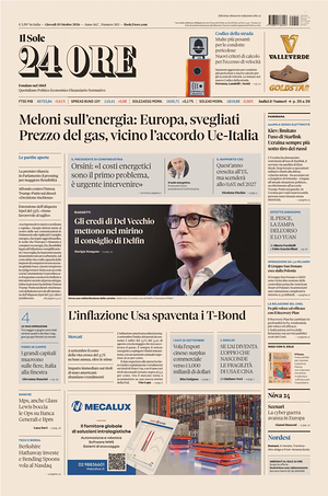 Prima pagina Il Sole 24 Ore di oggi - Quotidiano finanza
