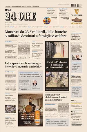 Prima pagina Il Sole 24 Ore di oggi - Quotidiano finanza