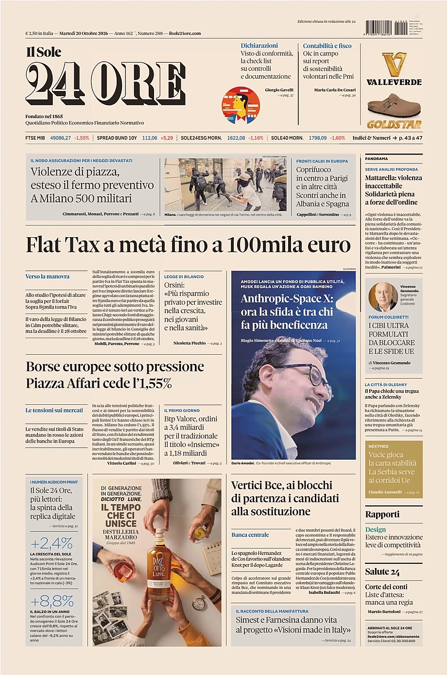 Prima pagina Il Sole 24 Ore di oggi - Edicola 20 Ottobre 2026