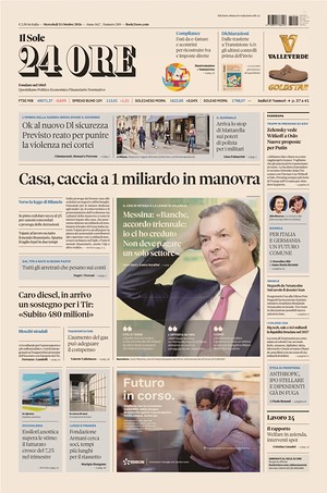 Prima pagina Il Sole 24 Ore di oggi - Quotidiano finanza