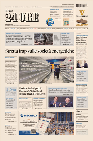 Prima pagina Il Sole 24 Ore di oggi - Quotidiano finanza