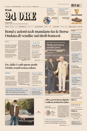 Prima pagina Il Sole 24 Ore di oggi - Quotidiano finanza