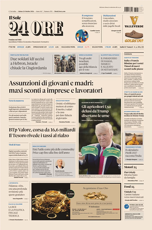 Prima pagina Il Sole 24 Ore di oggi - Quotidiano finanza