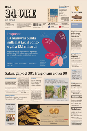 Prima pagina Il Sole 24 Ore di oggi - Quotidiano finanza