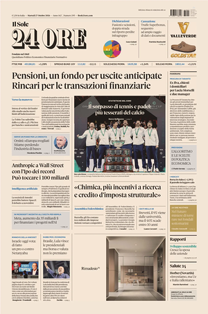 Prima pagina Il Sole 24 Ore di oggi - Quotidiano finanza