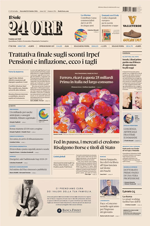 Prima pagina Il Sole 24 Ore di oggi - Quotidiano finanza