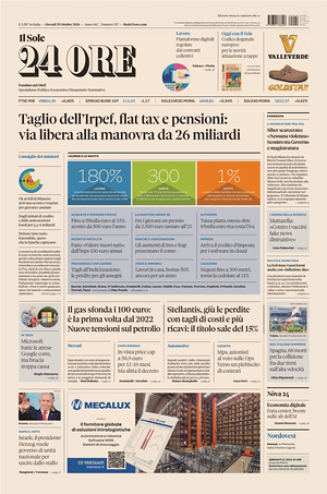 Prima pagina Il Sole 24 Ore di oggi - Quotidiano finanza