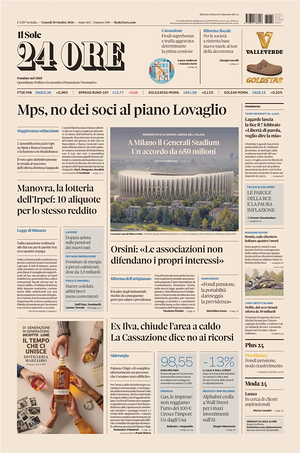 Prima pagina Il Sole 24 Ore di oggi - Quotidiano finanza