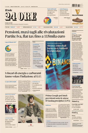 Prima pagina Il Sole 24 Ore di oggi - Quotidiano finanza