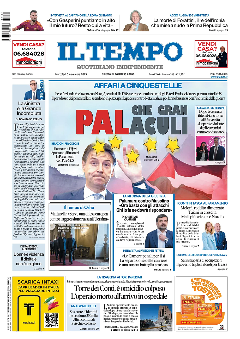 Prima pagina Il Tempo di oggi - Edicola 5 Novembre 2025