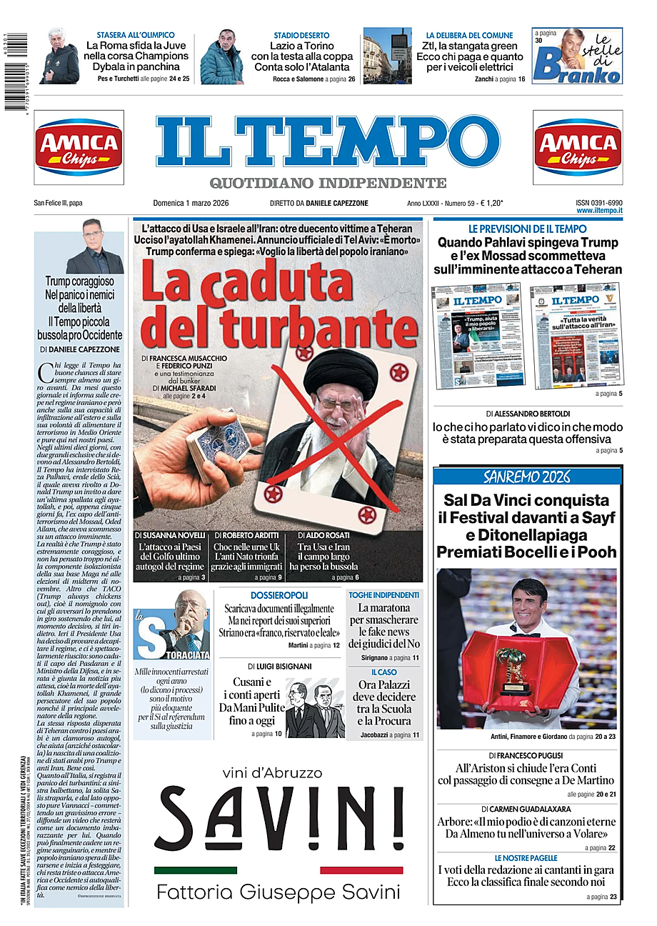 Prima pagina Il Tempo di oggi - Edicola 1 Marzo 2026