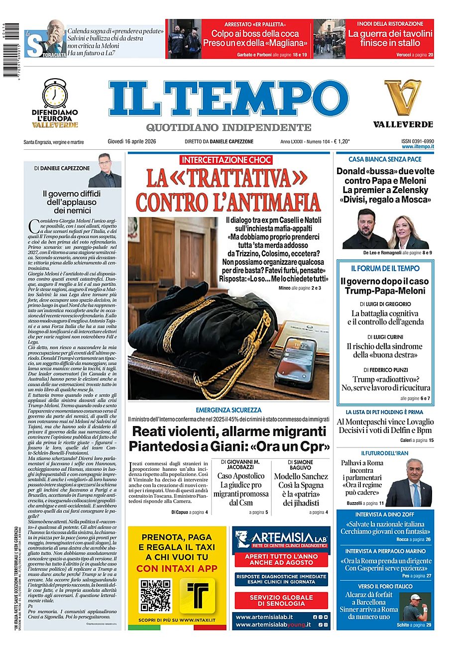 Prima pagina Il Tempo di oggi - Edicola 16 Aprile 2026