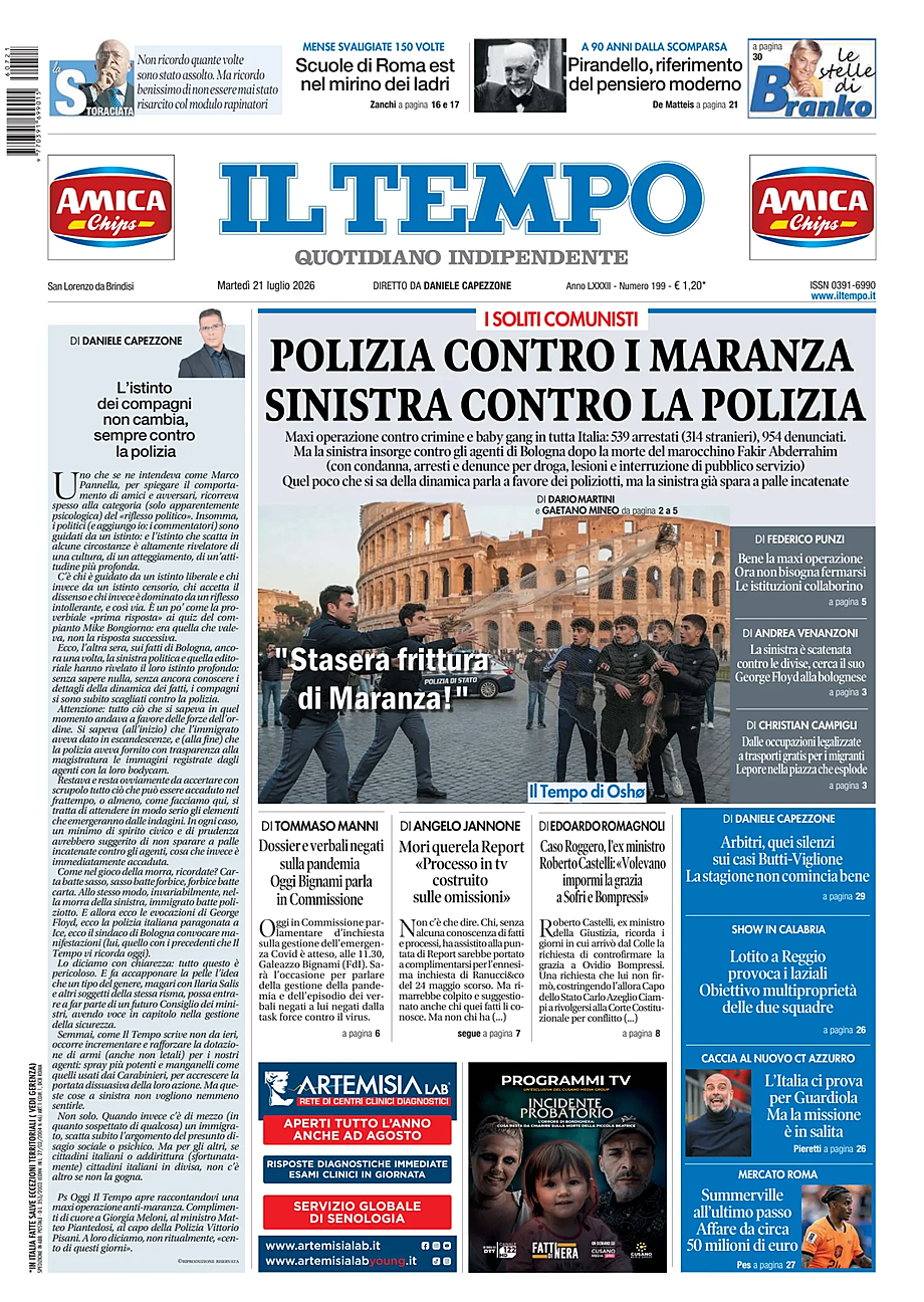 Prima pagina Il Tempo di oggi - Edicola 21 Luglio 2026