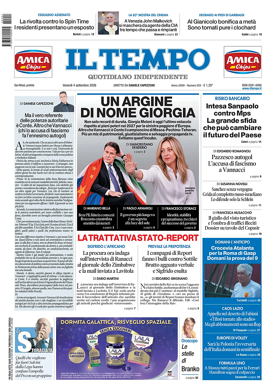 Prima pagina Il Tempo di oggi - Edicola 4 Settembre 2026