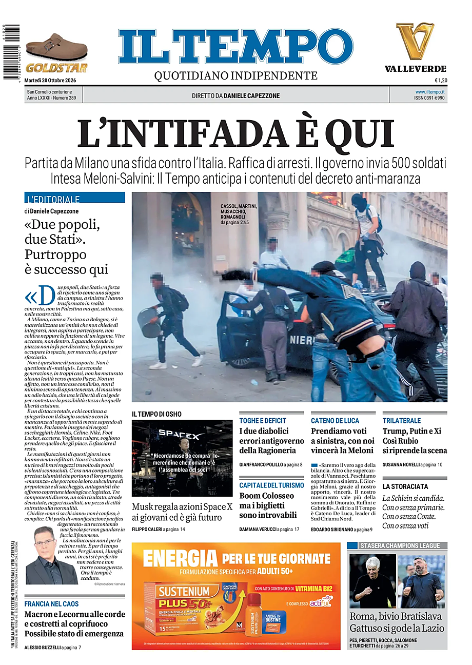 Prima pagina Il Tempo di oggi - Edicola 20 Ottobre 2026