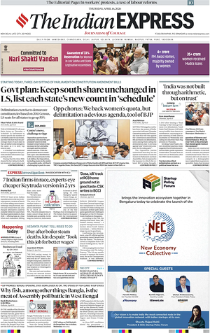 Prima pagina The Indian Express di oggi - Quotidiano estero