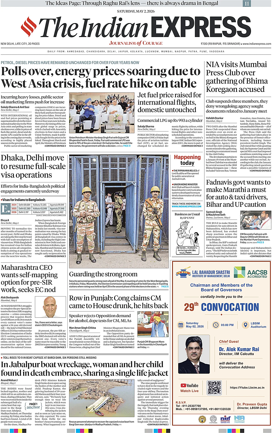 Portada The Indian Express de hoy - Quiosco 2 mayo 2026