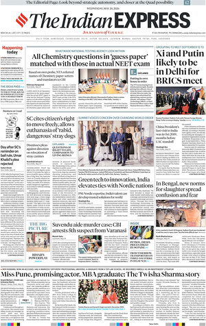 Prima pagina The Indian Express di oggi - Quotidiano estero