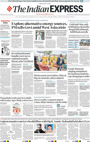Prima pagina The Indian Express di oggi - Quotidiano estero