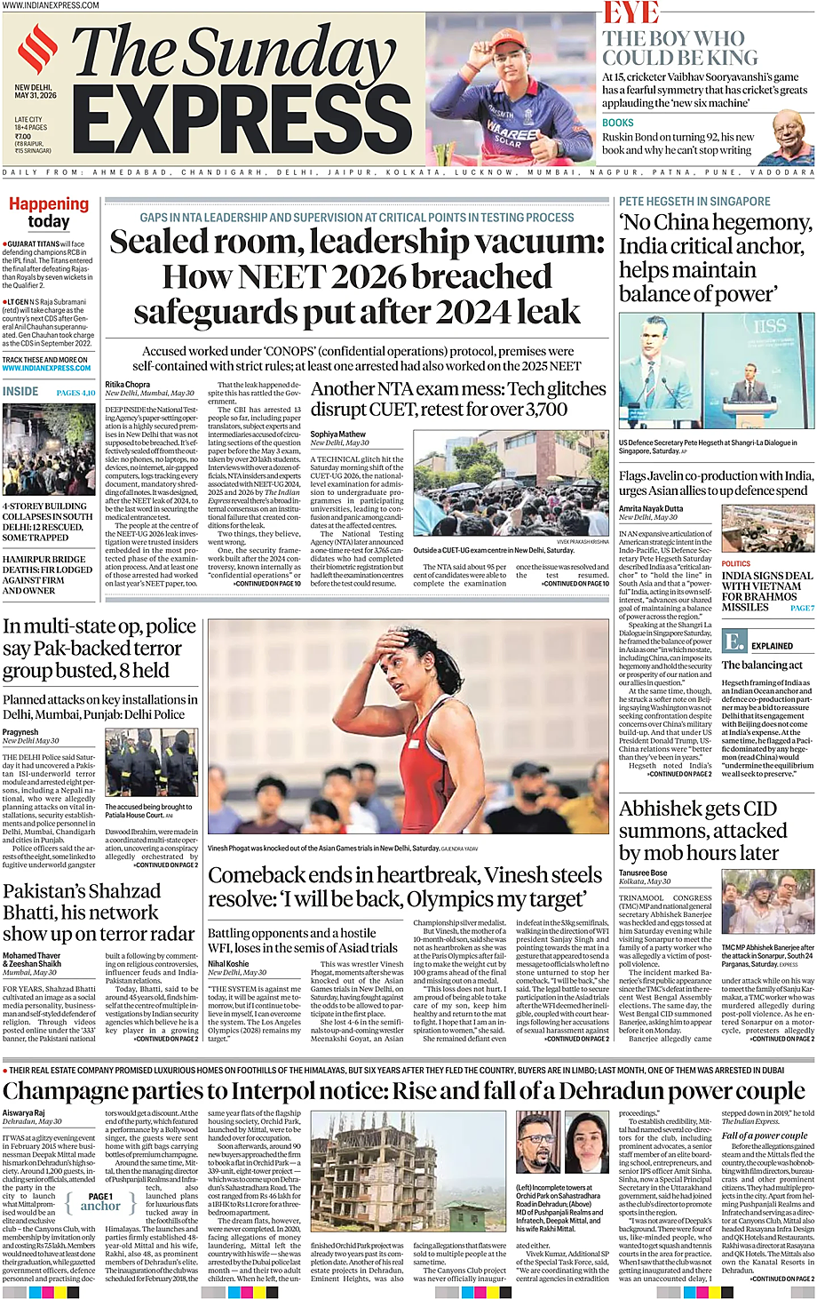Prima pagina The Indian Express di oggi - Edicola 31 Maggio 2026