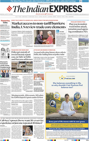 Prima pagina The Indian Express di oggi - Quotidiano estero