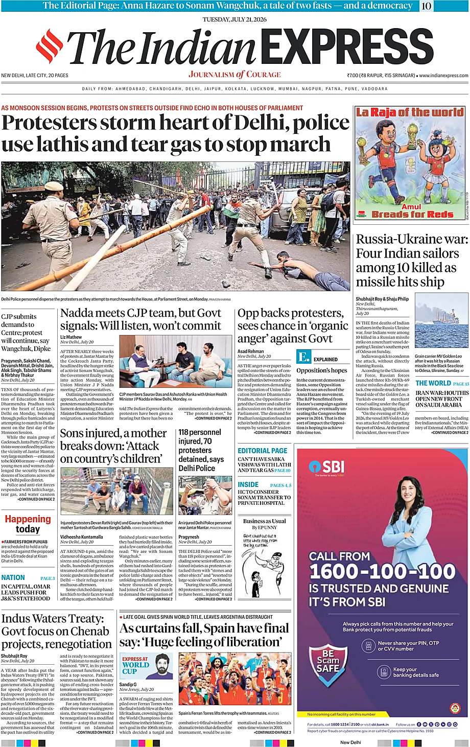 Prima pagina The Indian Express di oggi - Edicola 21 Luglio 2026