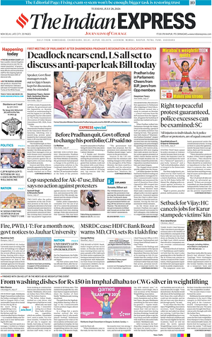 Prima pagina The Indian Express di oggi - Quotidiano estero