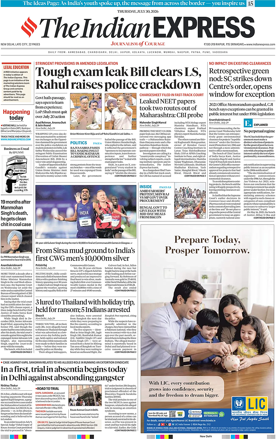 Portada The Indian Express de hoy - Quiosco 30 julio 2026