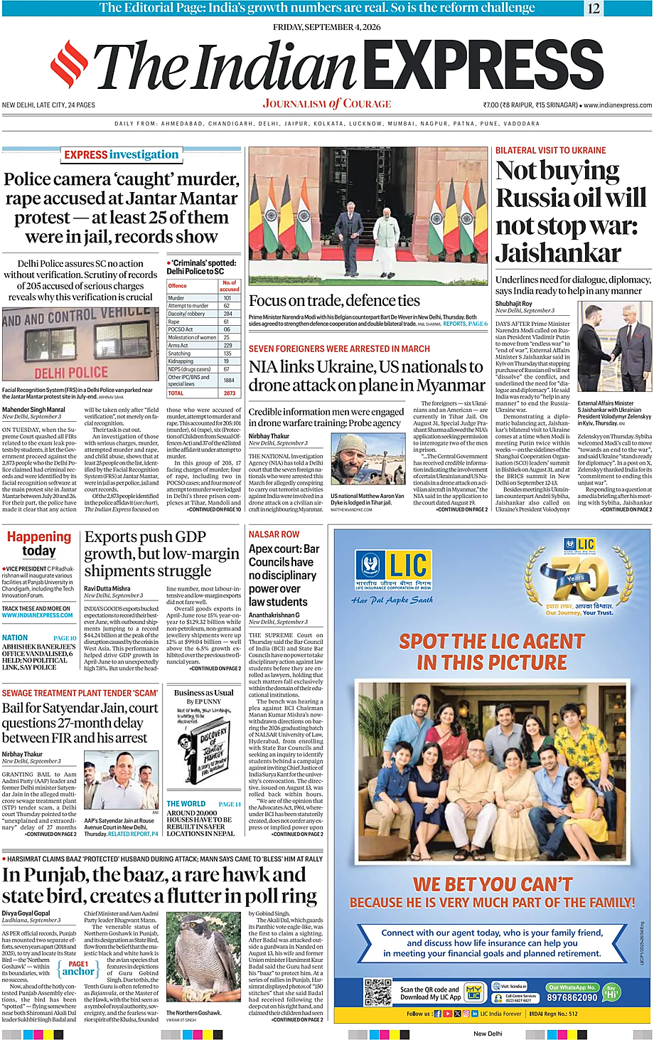 Prima pagina The Indian Express di oggi - Edicola 4 Settembre 2026