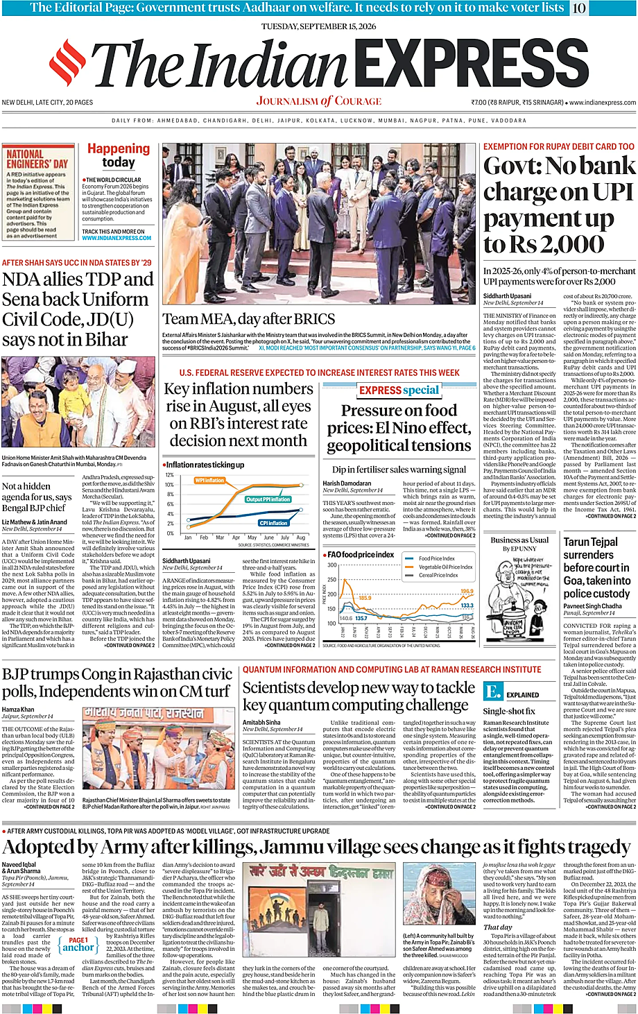 Portada The Indian Express de hoy - Quiosco 15 septiembre 2026
