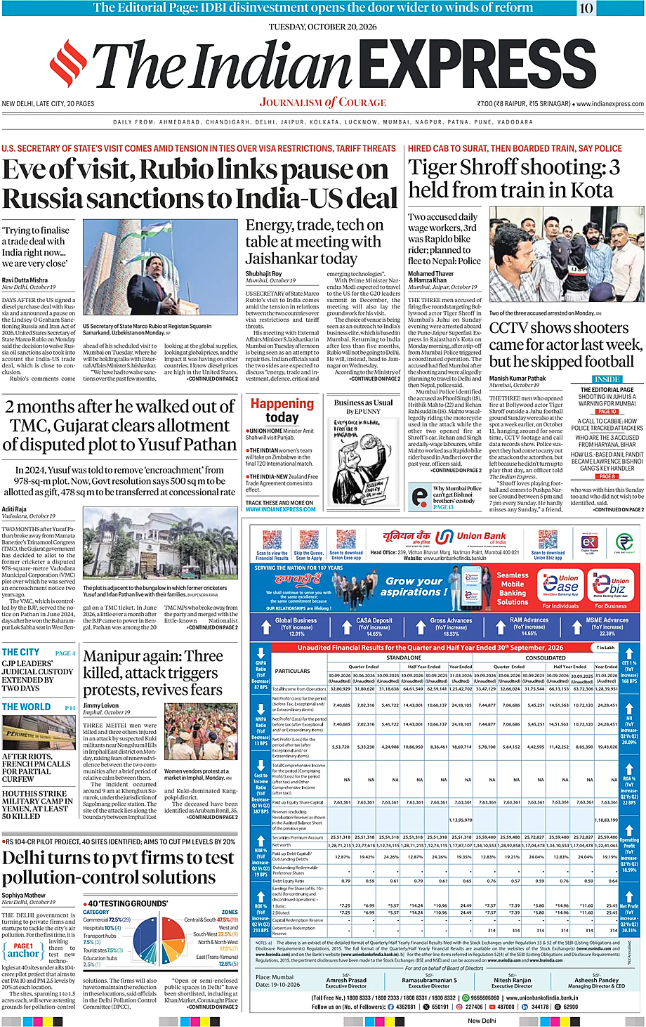 Prima pagina The Indian Express di oggi - Edicola 20 Ottobre 2026