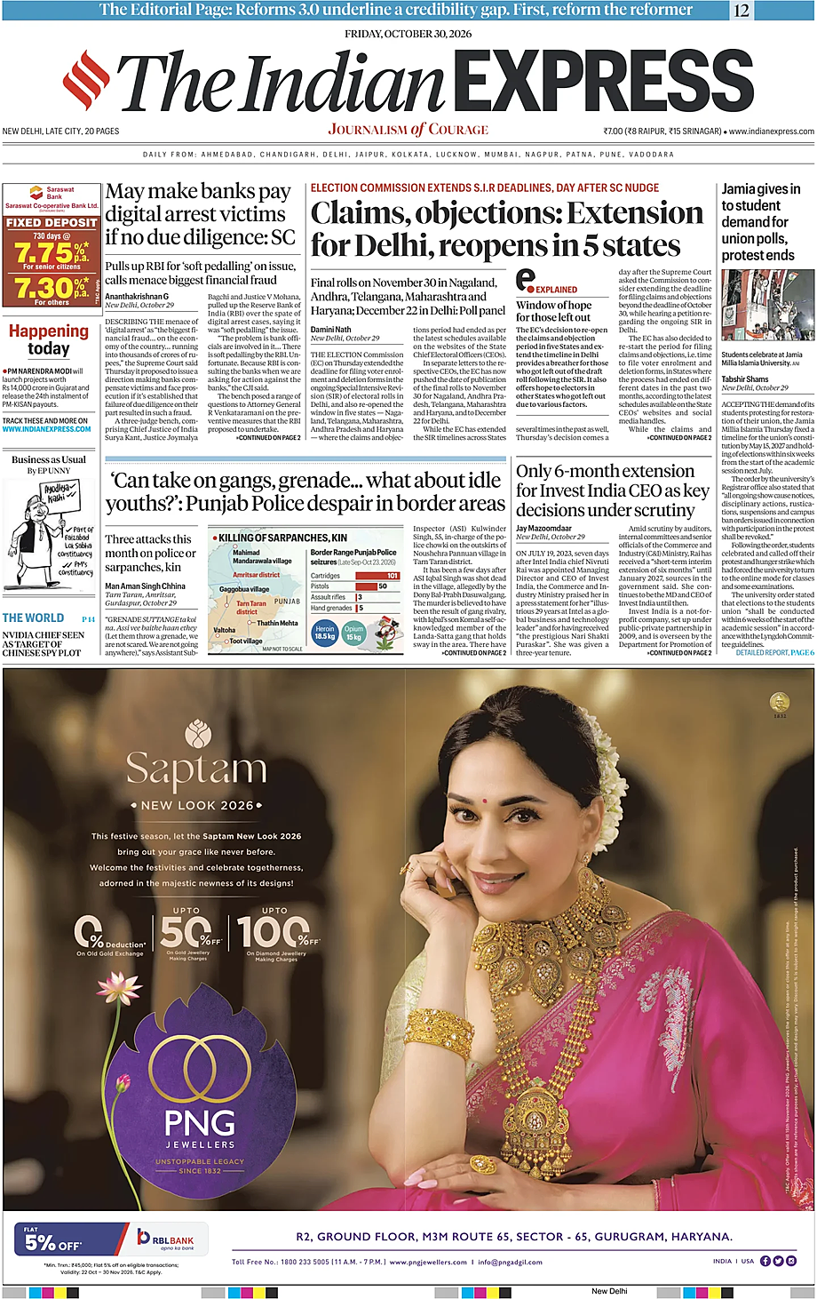 Portada The Indian Express de hoy - Quiosco 30 octubre 2026