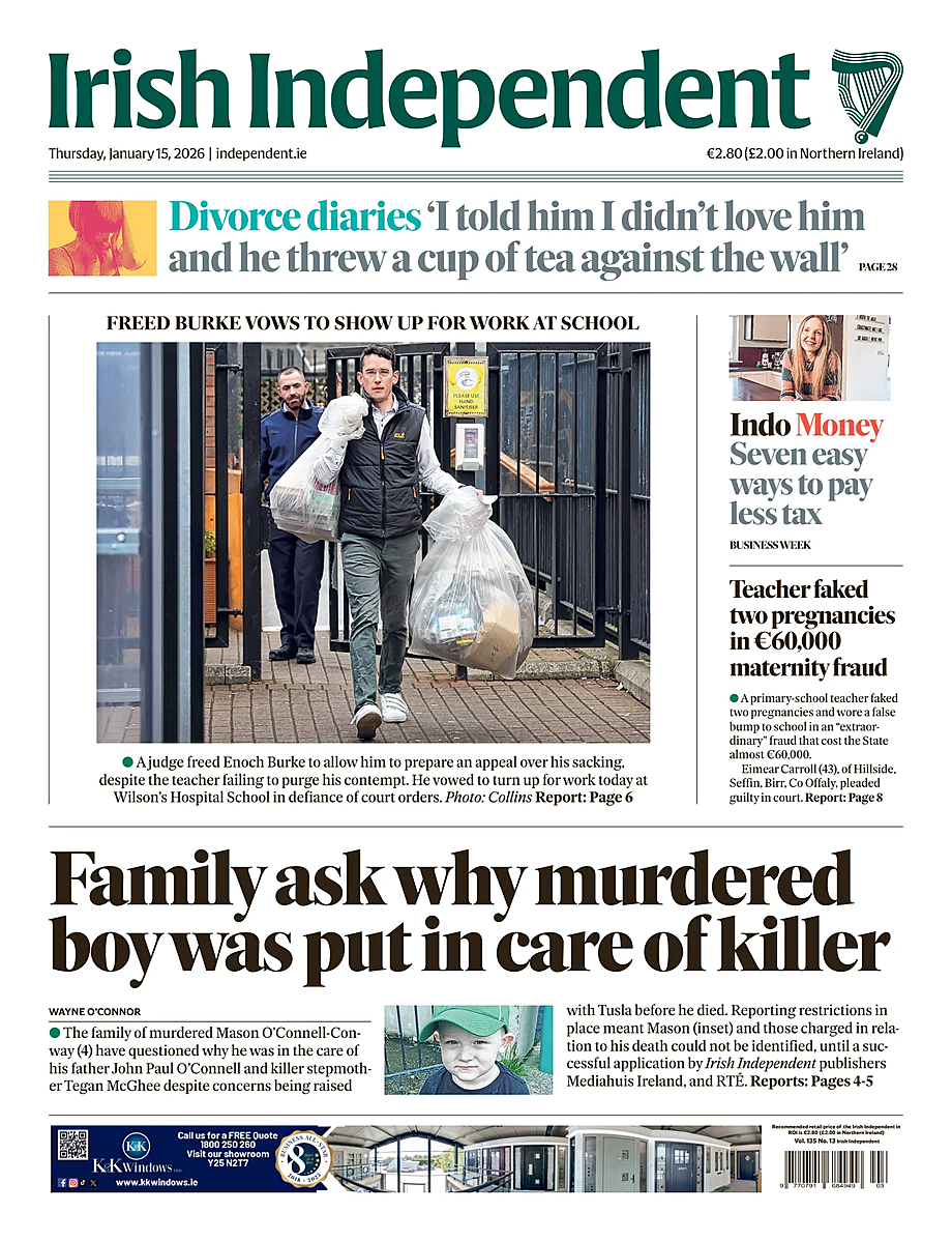 Prima pagina Irish Independent di oggi - Edicola 15 Gennaio 2026
