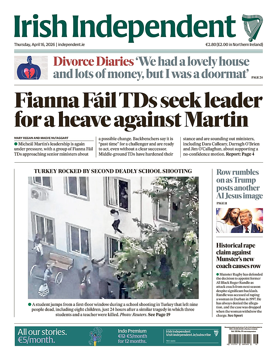 Prima pagina Irish Independent di oggi - Edicola 16 Aprile 2026