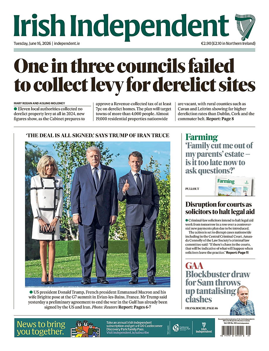 Portada Irish Independent de hoy - Quiosco 16 junio 2026