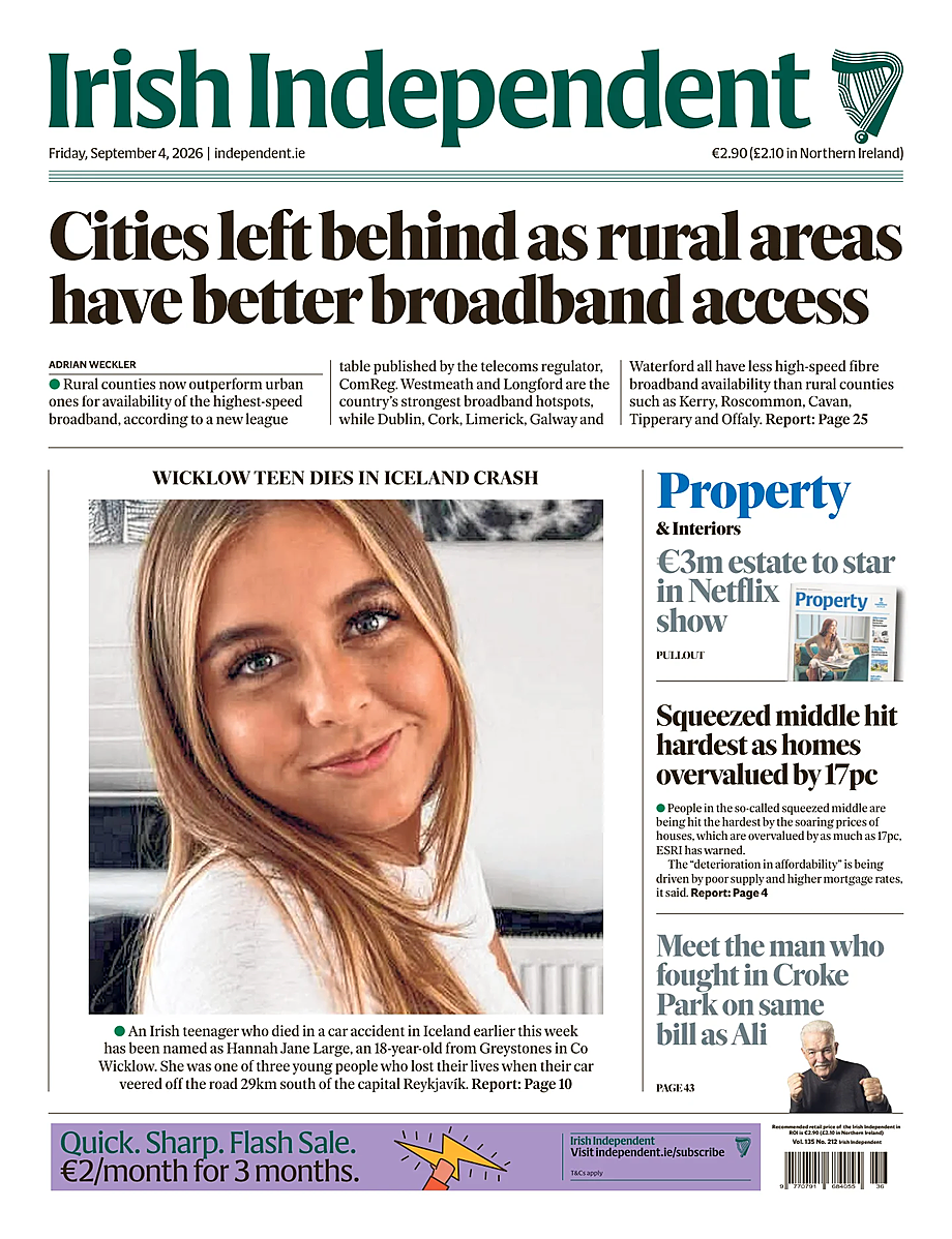 Prima pagina Irish Independent di oggi - Edicola 4 Settembre 2026