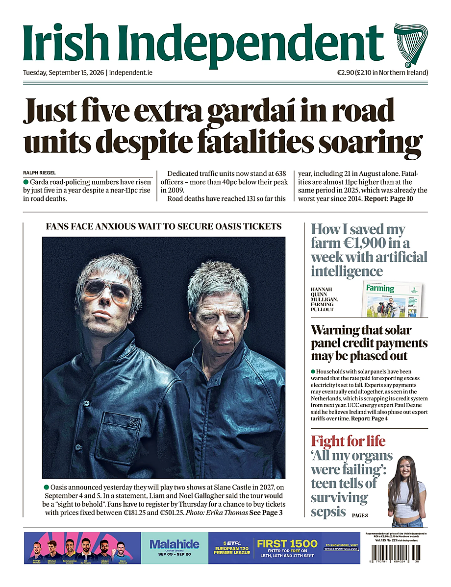 Portada Irish Independent de hoy - Quiosco 15 septiembre 2026