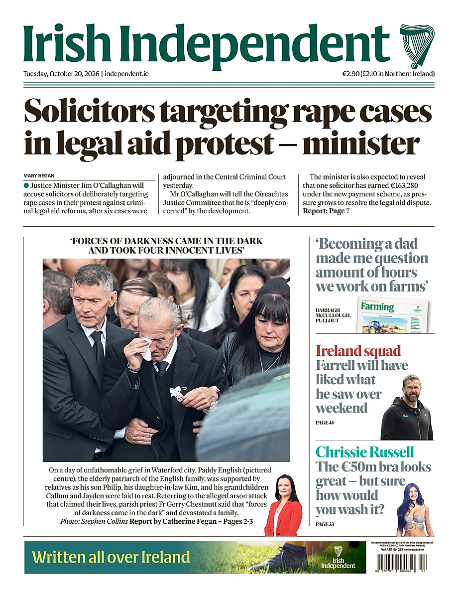 Prima pagina Irish Independent di oggi - Edicola 20 Ottobre 2026