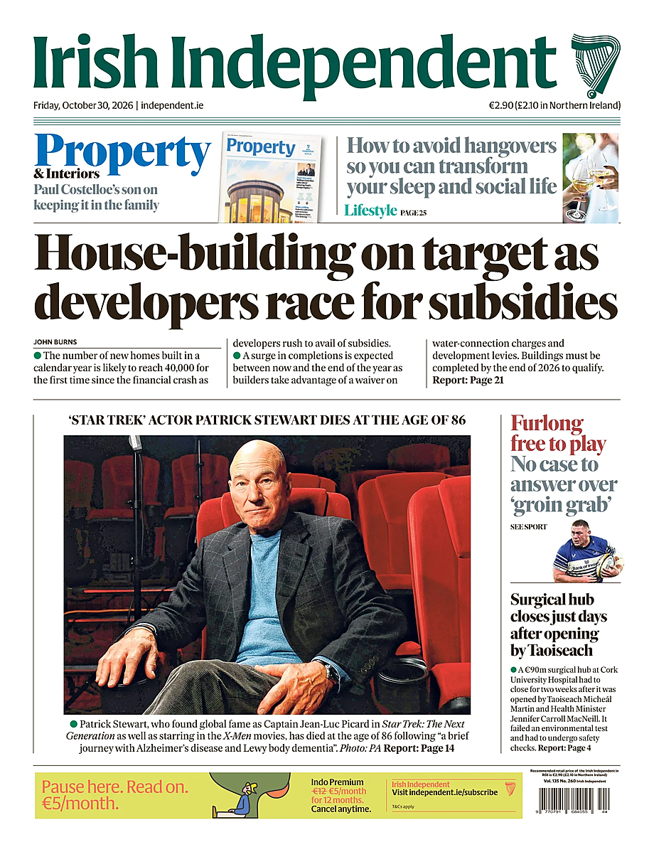 Portada Irish Independent de hoy - Quiosco 30 octubre 2026