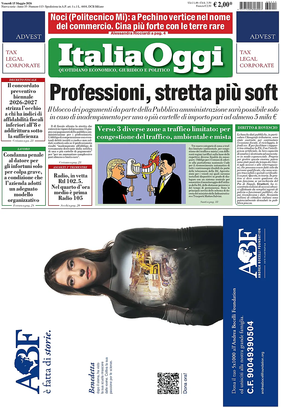 Prima pagina ItaliaOggi di oggi - Edicola 15 Maggio 2026