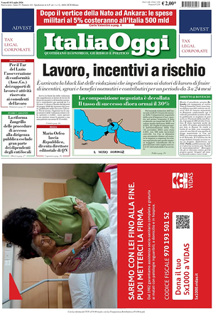 Prima pagina ItaliaOggi di oggi - Quotidiano finanza