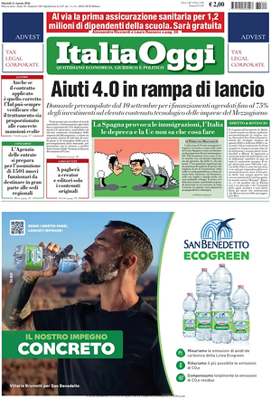 Prima pagina ItaliaOggi di oggi - Quotidiano finanza