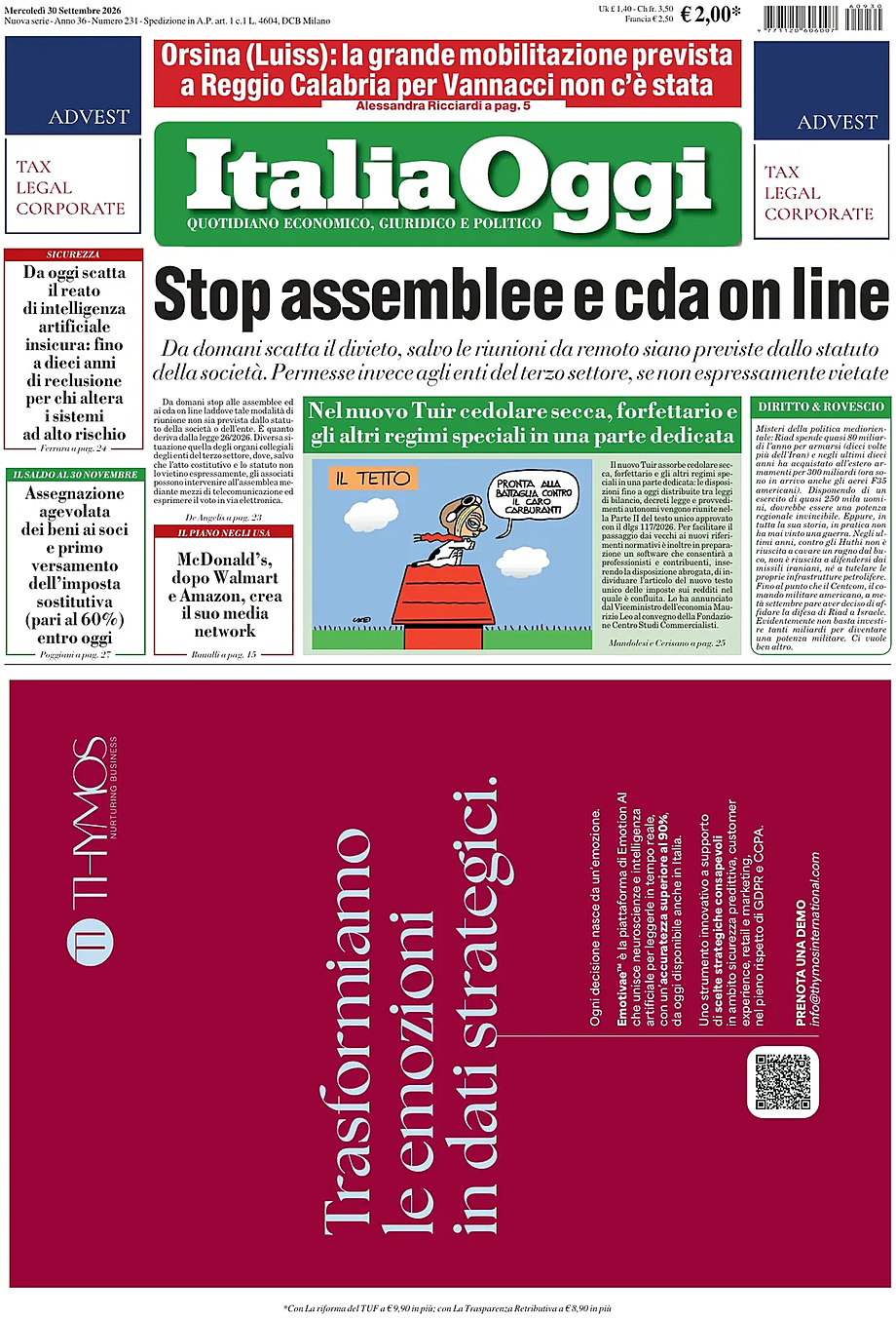 Prima pagina ItaliaOggi di oggi - Edicola 30 Settembre 2026