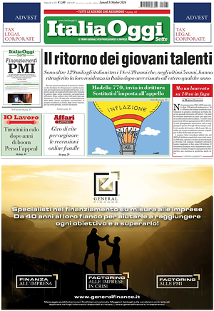 Prima pagina ItaliaOggi di oggi - Quotidiano finanza