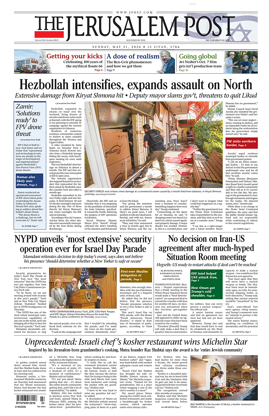 Prima pagina The Jerusalem Post di oggi - Edicola 31 Maggio 2026