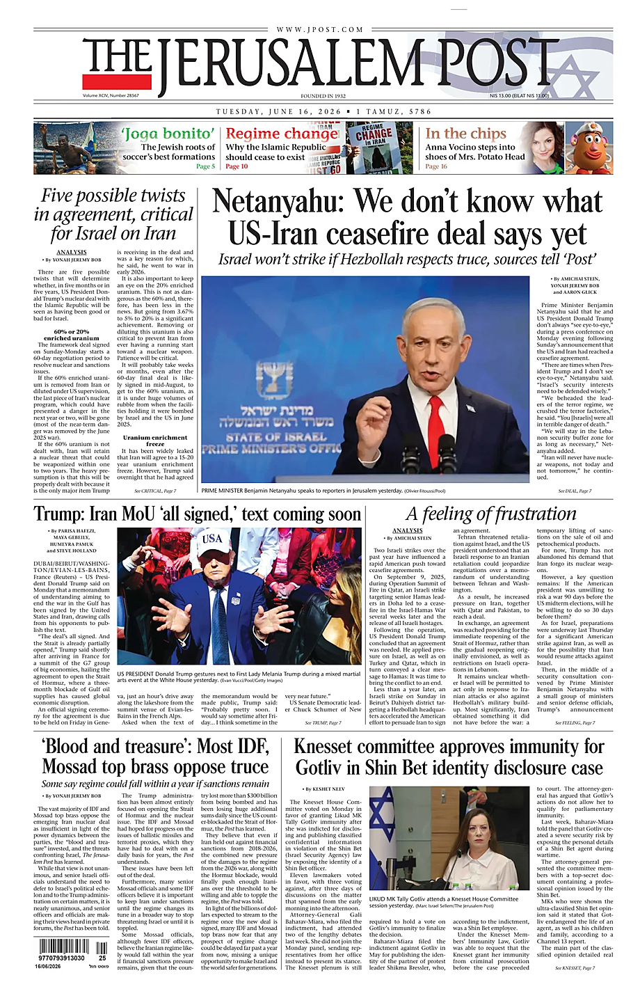 Portada The Jerusalem Post de hoy - Quiosco 16 junio 2026