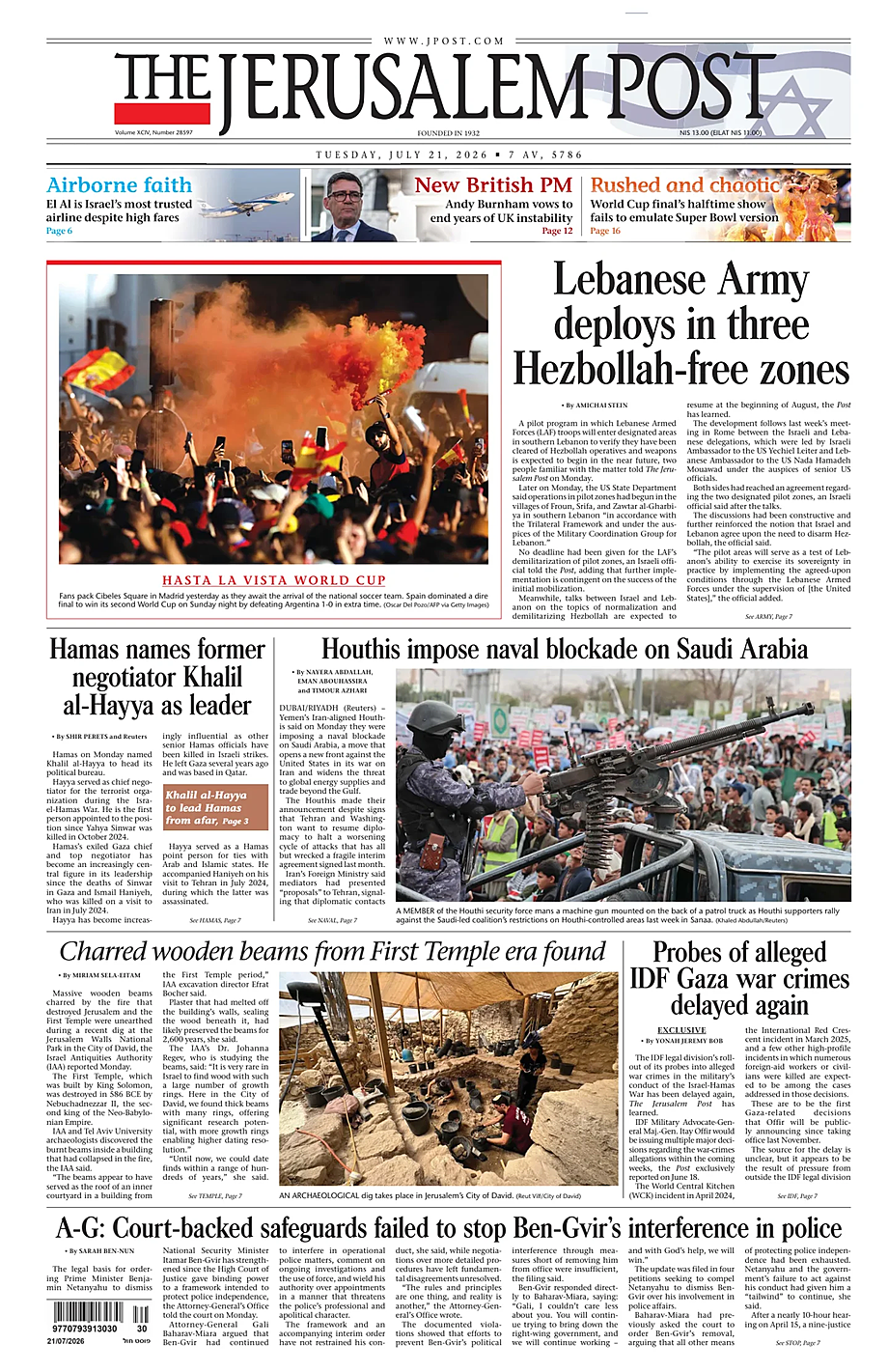 Prima pagina The Jerusalem Post di oggi - Edicola 21 Luglio 2026